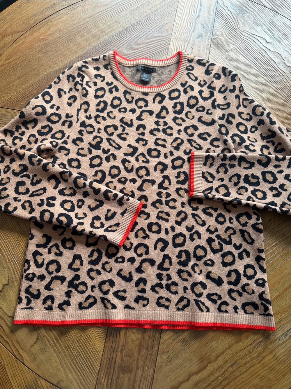 Tahari Tan and Black Leopard Print Sweater with Red Trim